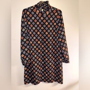 J. Crew Black Long-Sleeve Patterned Shift Dress with Multicolor Medallions